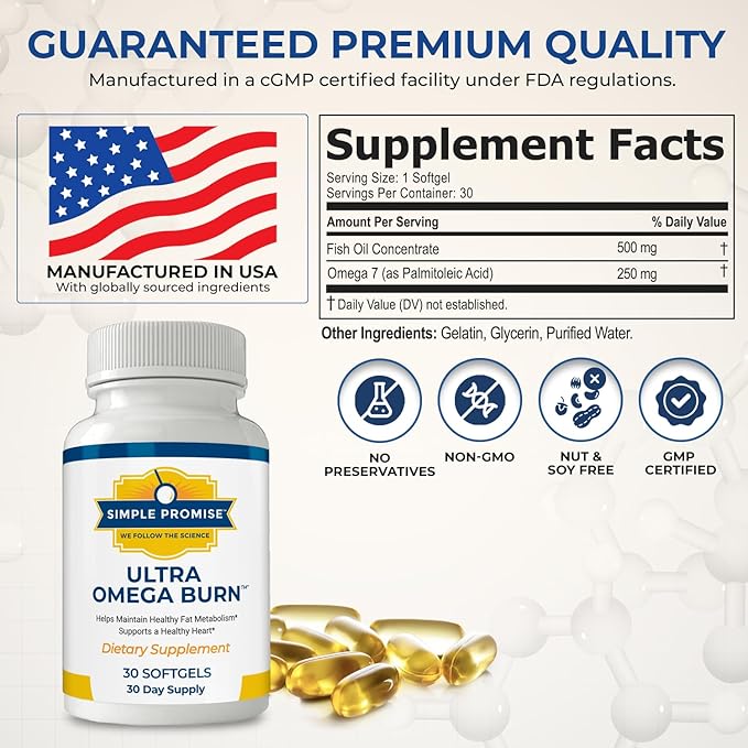 Simple Promise Ultra Omega Burn - Omega-7 Supplement with Pure Palmitoleic Acid - Fish Oil for Metabolism, Weight Support & Cardiovascular Health - Healthy Heart Support for Men & Women | 30 Softgels