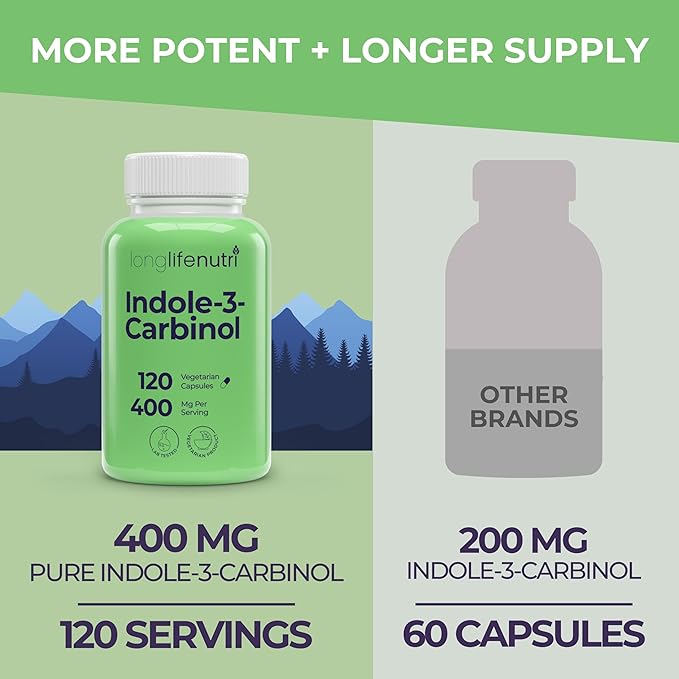 Indole-3-Carbinol 400mg - 120 Vegeterian Capsules, 4-Month Supply, Organic Supplement for Hormone Balance & Cellular Health, Lab Tested, Made in USA