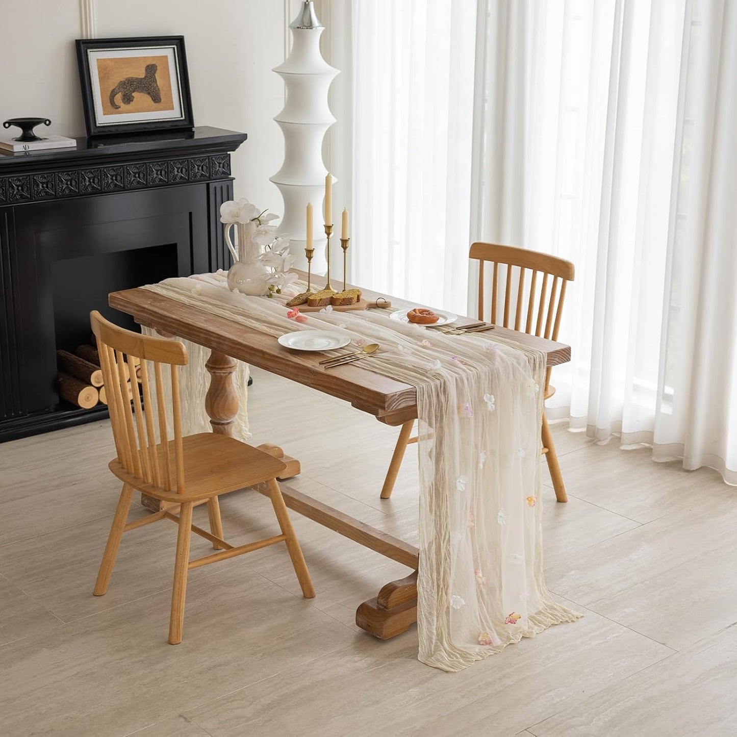 Romantic Artificial Floral Table Runner 10ft Gauze Tulle Lace Table Runner Set for Wedding Baby Shower Bridal Shower Holiday Kitchen Dining Table Decoration for Home Party Special Occasion