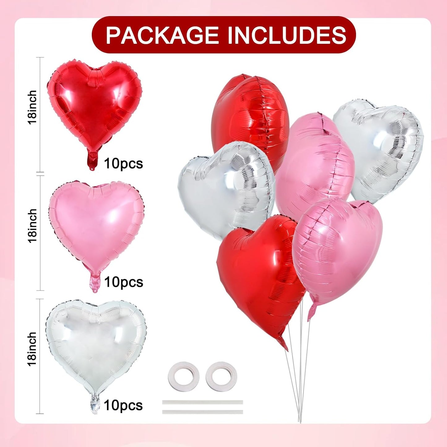 TONIFUL 30Pcs 18 Inch Heart Balloons Red Silver Pink Valentine’s Day Heart Shape Foil Mylar Balloons Decoration for Valentine's Day Wedding Bridal Shower Anniversary Engagement Party Supplies