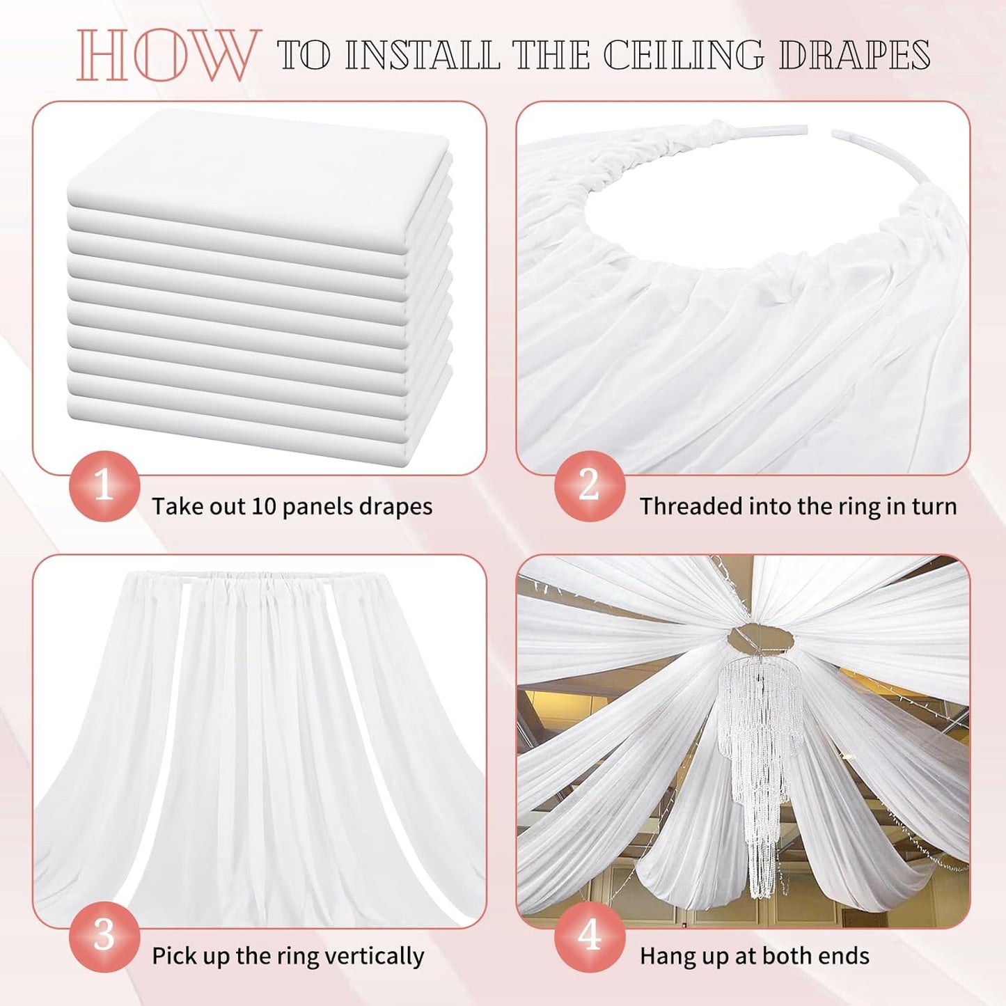 10 Panels White Ceiling Drapes for Wedding 5ftx20ft Sheer Drapery Chiffon Fabric Arch Draping Curtains for Party Ceremony Birthday Baby Shower Reception Stage Ceiling Decorations