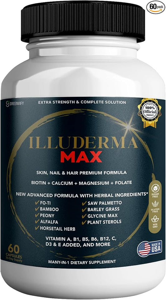 Illuderma Max Hair, Skin and Nail Supplement, 60 Capsules, with Biotin 5000mcg, Vitamins and Herbal Blend (1)