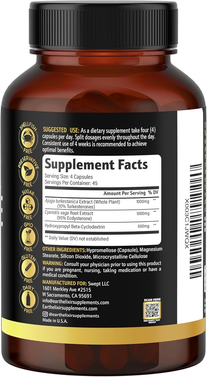 Turkesterone & Ecdysterone – Natural Testosterone Support, 2-in-1 High Potency Turkesterone Supplement for Men & Women with 95% Beta Ecdysterone - Strength, Energy and Vitality – 180 capsules