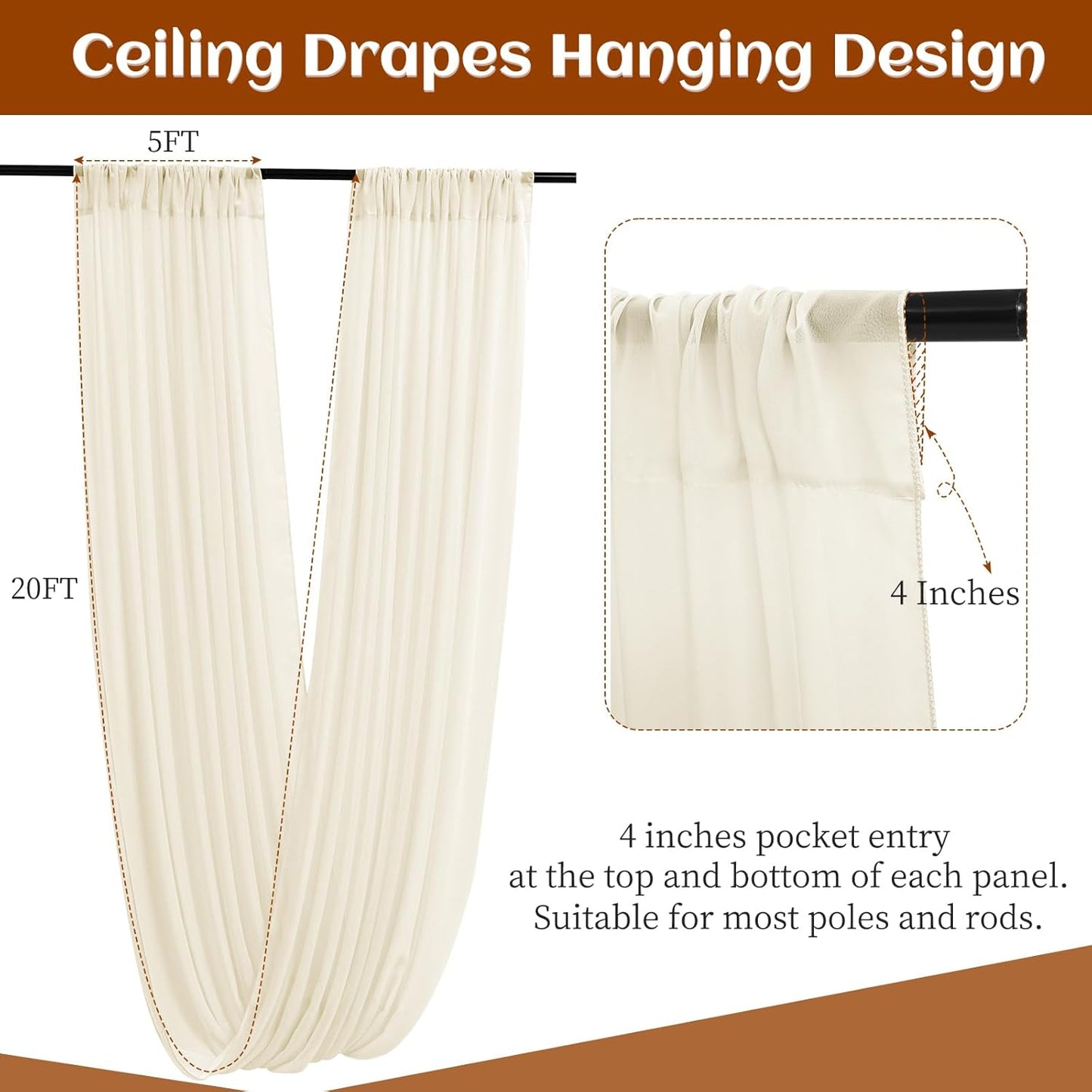 6 Panels Ivory Ceiling Drapes 5ftx20ft Wedding Ceiling Drapes Chiffon Fabric Arch Draping Sheer Curtains Soft Drapery Draping Wedding Ceiling Decorations for Party Ceremony Stage Swag