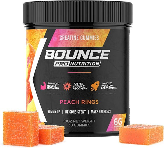 Bounce Pro Creatine Monohydrate Gummies for Men & Women, Low Calorie, 6G of Creatine per Serving, Vegan, Anti-Melting, Gluten-Free, Non-GMO, 2g of Creatine per Gummy (30ct, Peach Rings)