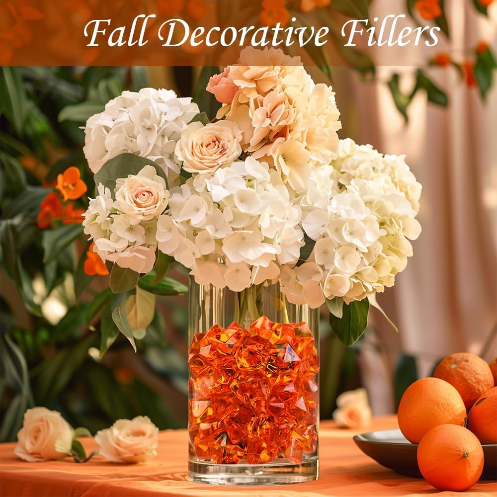 HappyFiller Fall Harvest Decor Orange Fake Ice Rocks Acrylic Chunks,Pirate Treasure Gems Stone,Vase Fillers,Resin Arts Crafts,Faux Crystal Dazzler,Centerpieces,Table Scatter,Home Decoration,14 OZ