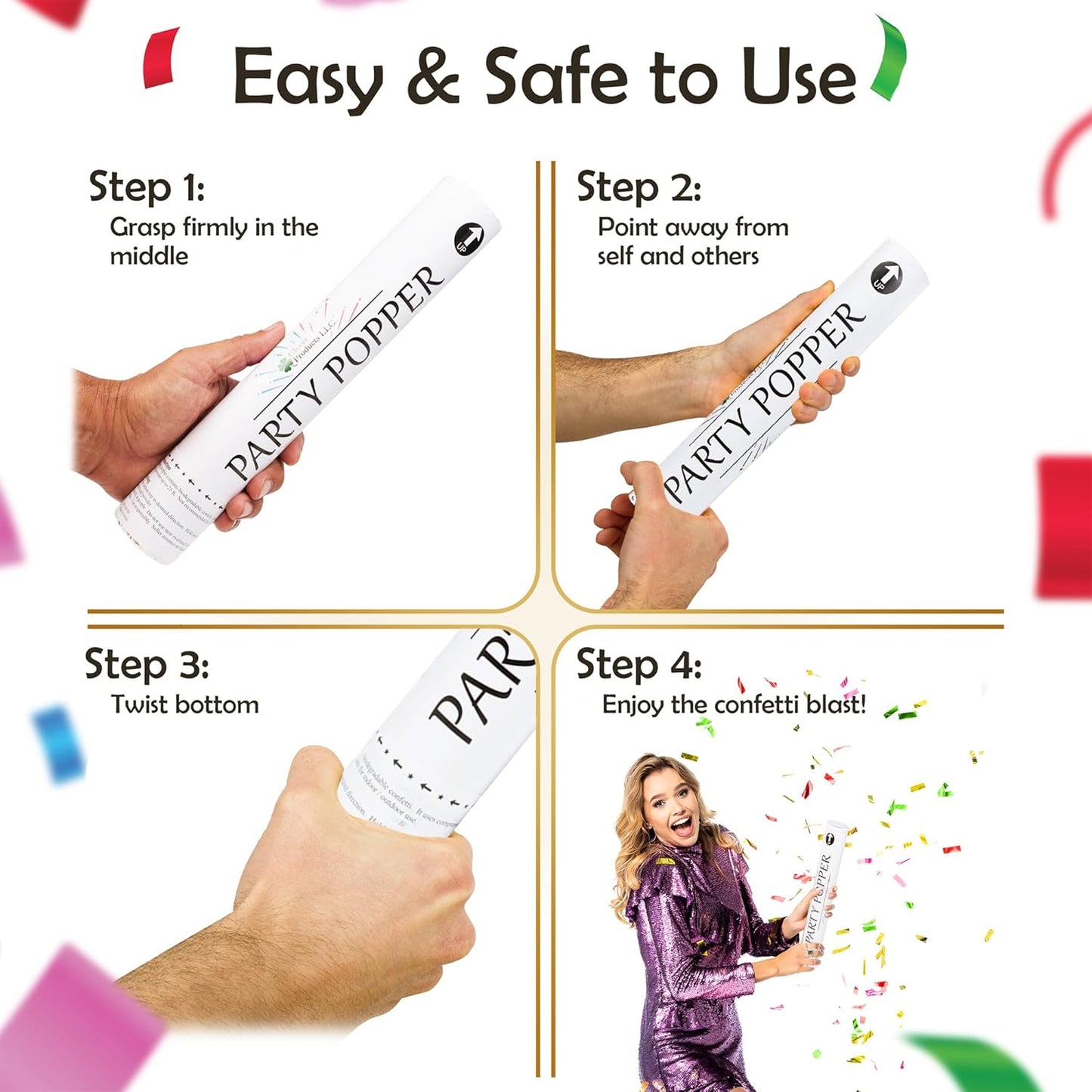 Clover Products 12" Biodegradable Confetti Cannons | 6 Pack Confetti Poppers for Weddings, Birthdays & Parties | Air-Powered Party Poppers Shoot 25 Feet | Safe for Indoor & Outdoor Use