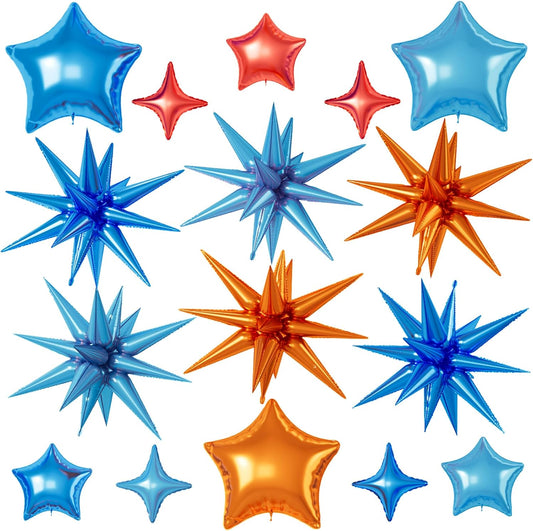 16 Pcs Orange and Blue Star Balloons, 22/18/10 Inch Foil Balloons, Four-Pointed Balloon for Kids Girl Boy Birthday Wedding Baby Shower Magic Party Decorations