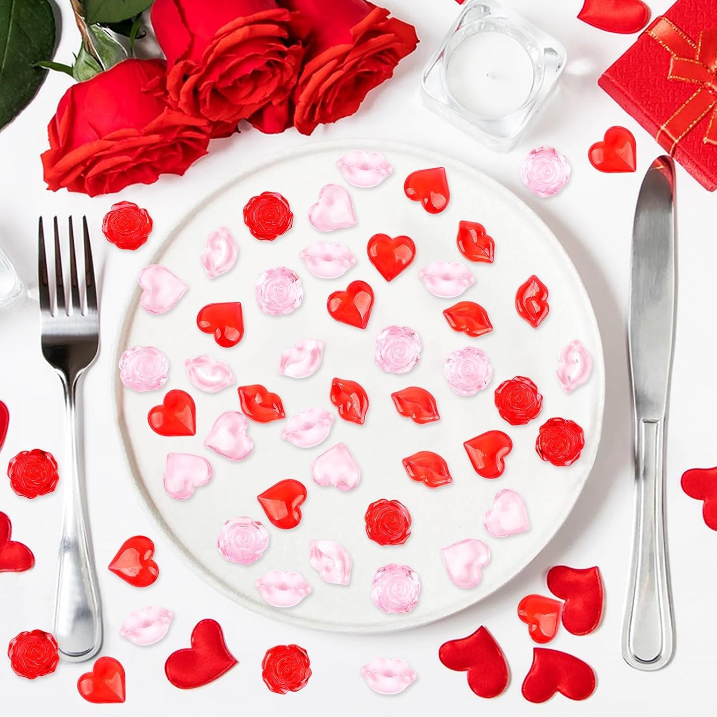 Fangoo 180PCS Red Pink Acrylic Heart Ornaments Mini Acrylic Heart Rose Flower Lips Gems for Valentine Vase Filler Decor for Table Scatter Engagement Valentine's Day Wedding Anniversary Party
