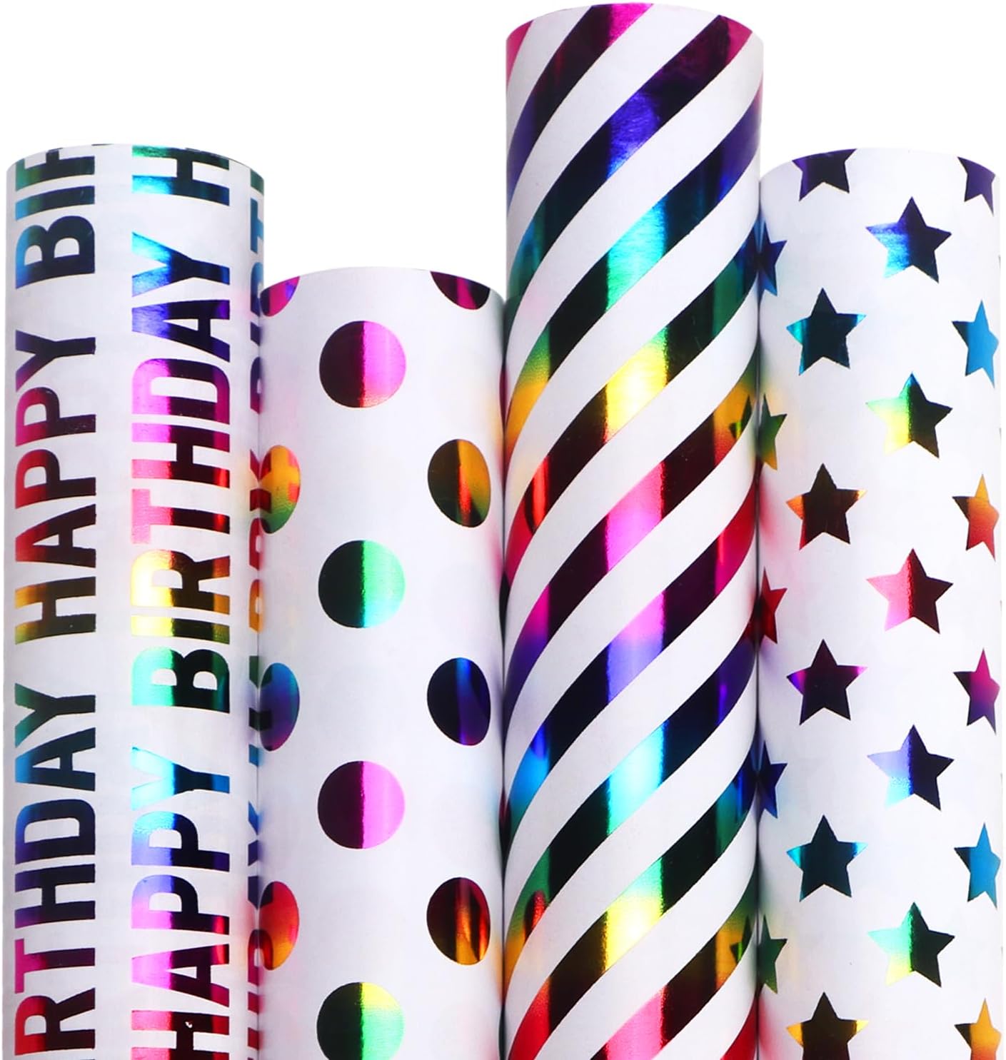 Ribbli Birthday Wrapping Paper 30 Inch Iridescent Gift Wrapping Paper 4 Rolls Happy Birthday Polka Dots Stripes Stars Printed Assortment -120 inch(10feet) Per Roll