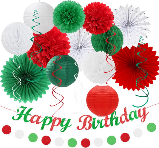 Red White Green Mexican Christmas Birthday Party-Decorations - 21pcs Happy Banner,Paper Lanterns Honeycomb,Tissue Pom Poms Flower Fan,Italian Kids Classroom Hanging Streamers Garland Decor Huglony