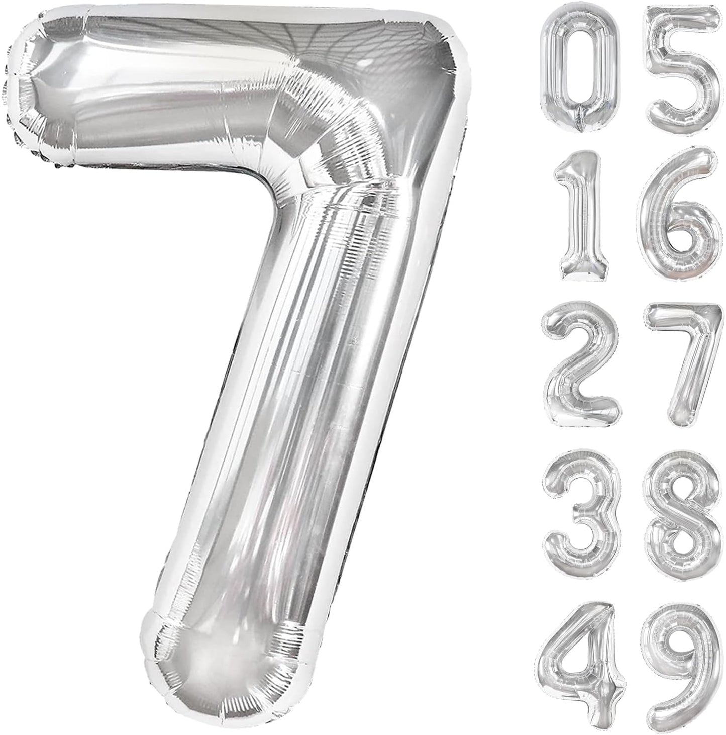Silver Number 7 Birthday Balloon 40 Inch, Digital Balloons for 7 17 27 70 77 Party Celebration Decorations Supplies, Mylar Foil Numbers Balloon for Seven Wedding Anniversary