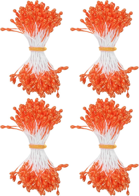 600-Pack Flower Stamens for Crafts, 5mm Double Heads Artificial Pearl Floral Pistil Mini Flower Pollens Stamens for DIY Making/Wedding/Scrapbook Decoration [Orange]