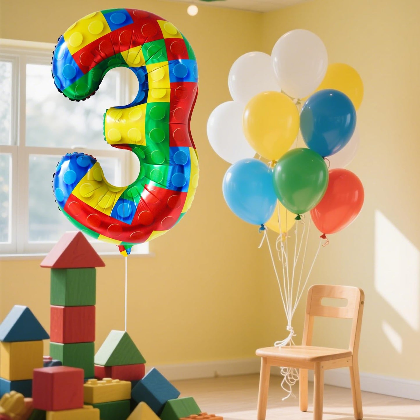 32 Inch Stackable Block Number 3 Balloon – Colorful Brick Building Themed Big Helium Digits for Kids Birthday Party Decorations (Building Block, Number 3)