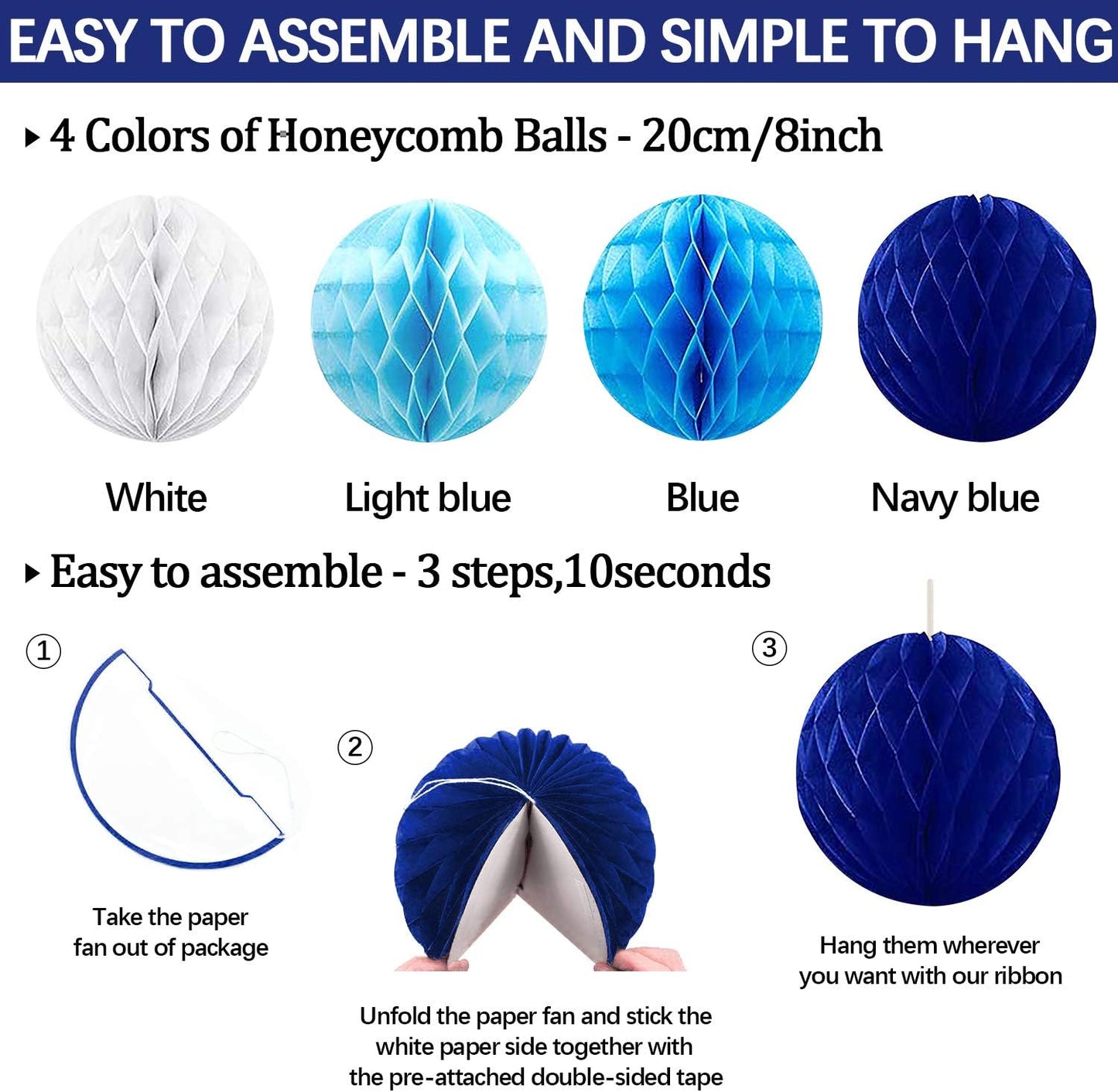 Navy-Light Blue Party Decorations, 23Pcs Hanging Paper Fans Party Decorations with Honeycomb Ball, Pom Poms Flowers for Boy Men Birthday Decoration, Bridal Shower,Baby Boy Showers,Wedding