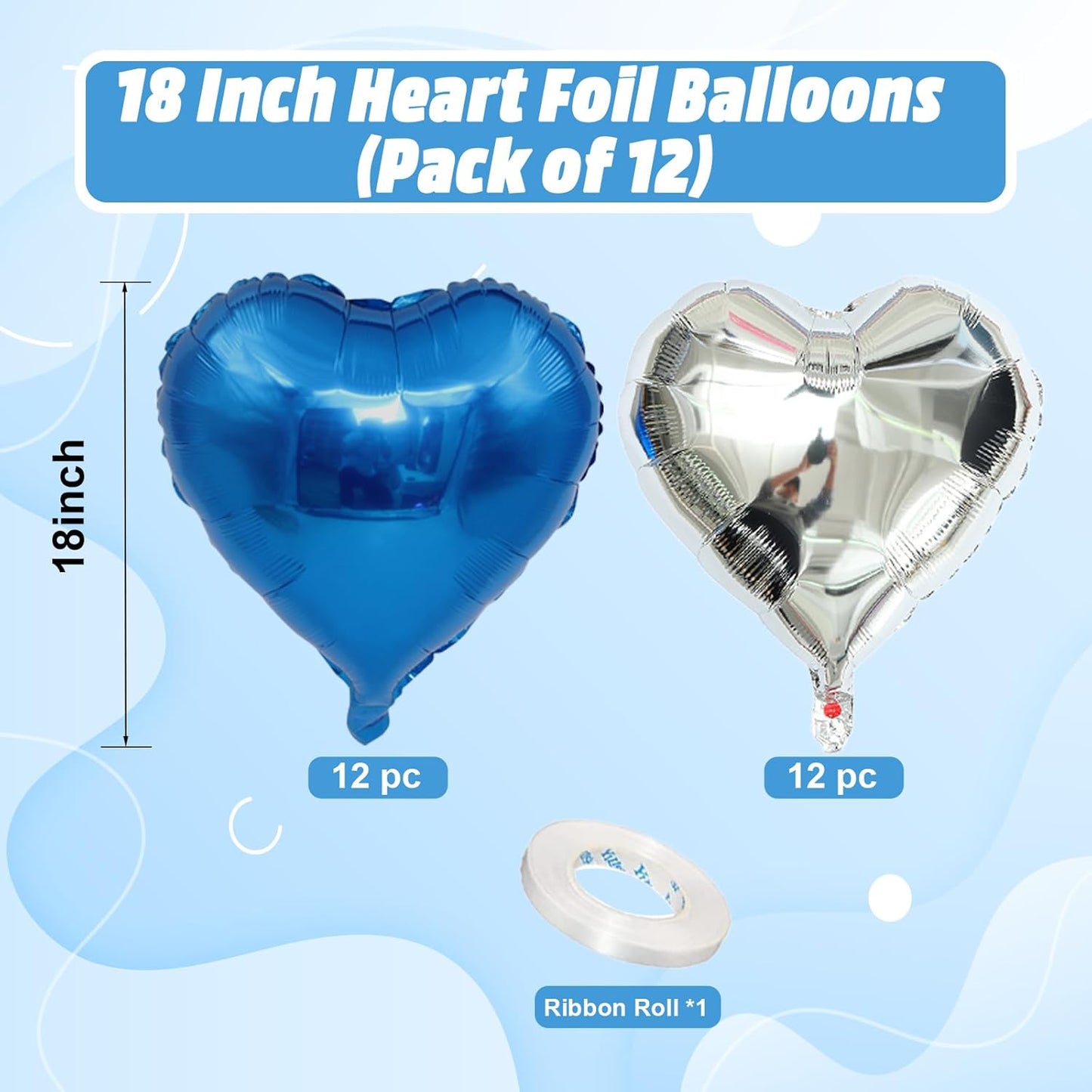 Blue Silver Heart Balloons, 18 Inch Royal Blue and Silver Heart Shape Balloons, 12PCS Helium Love Foil Balloon for Birthday Baby Shower Engagement Wedding Party Decorations