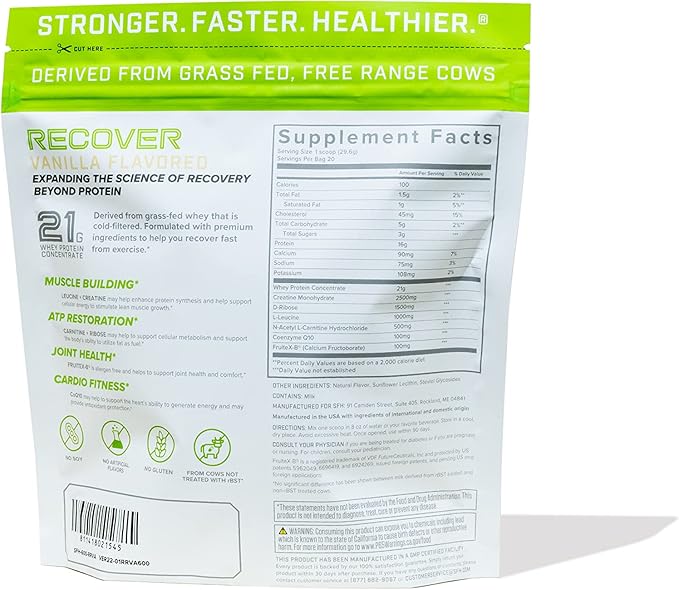 SFH Recover Whey Protein Powder (Vanilla) Great Tasting Grass Fed Whey for Post Workout | All Natural | No Soy, No Gluten, No RBST, No Artificial Flavors (20 Serving Bag)