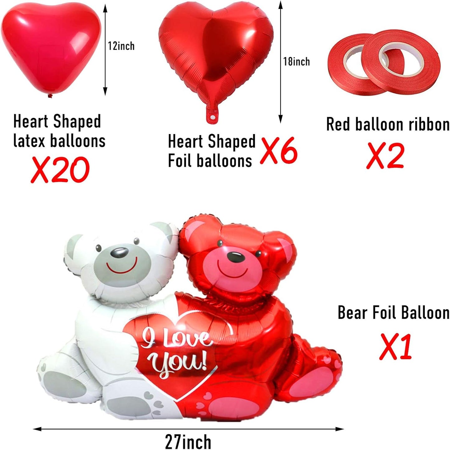 Rainmae I Love You Gold Balloons and Heart Balloons Kit with 1000 Pcs Dark-Red Silk Rose Petals Romantic Flower Decoration Love-Bear Red Heart Balloons for Valentine Day Wedding Party Decorations