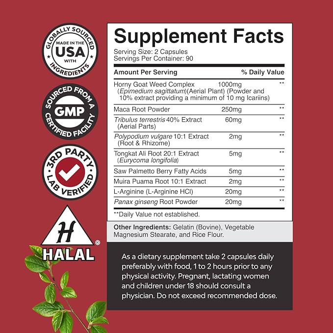 Bundle of Horny Goat Weed for Male Enhancement for Stamina & Energy and Black Maca Root Capsules for Men - Herbal Enhancement Supplement for Men