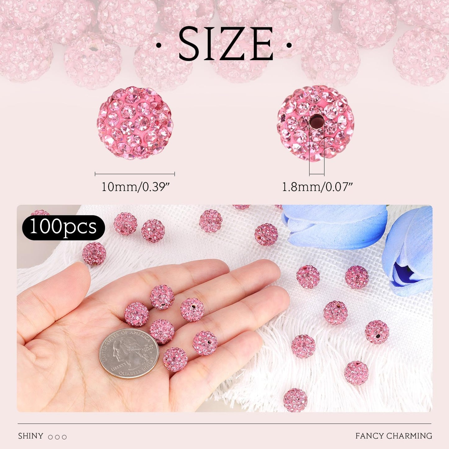 100pcs 10mm Rhinestone Beads for Jewelry Making, Dark Pink Shiny Round Shamballa Disco Ball Beads Bulk, Sparkle Crystal Clay Christmas for Bracelet Baseball Necklace Earring Crafting and DIY
