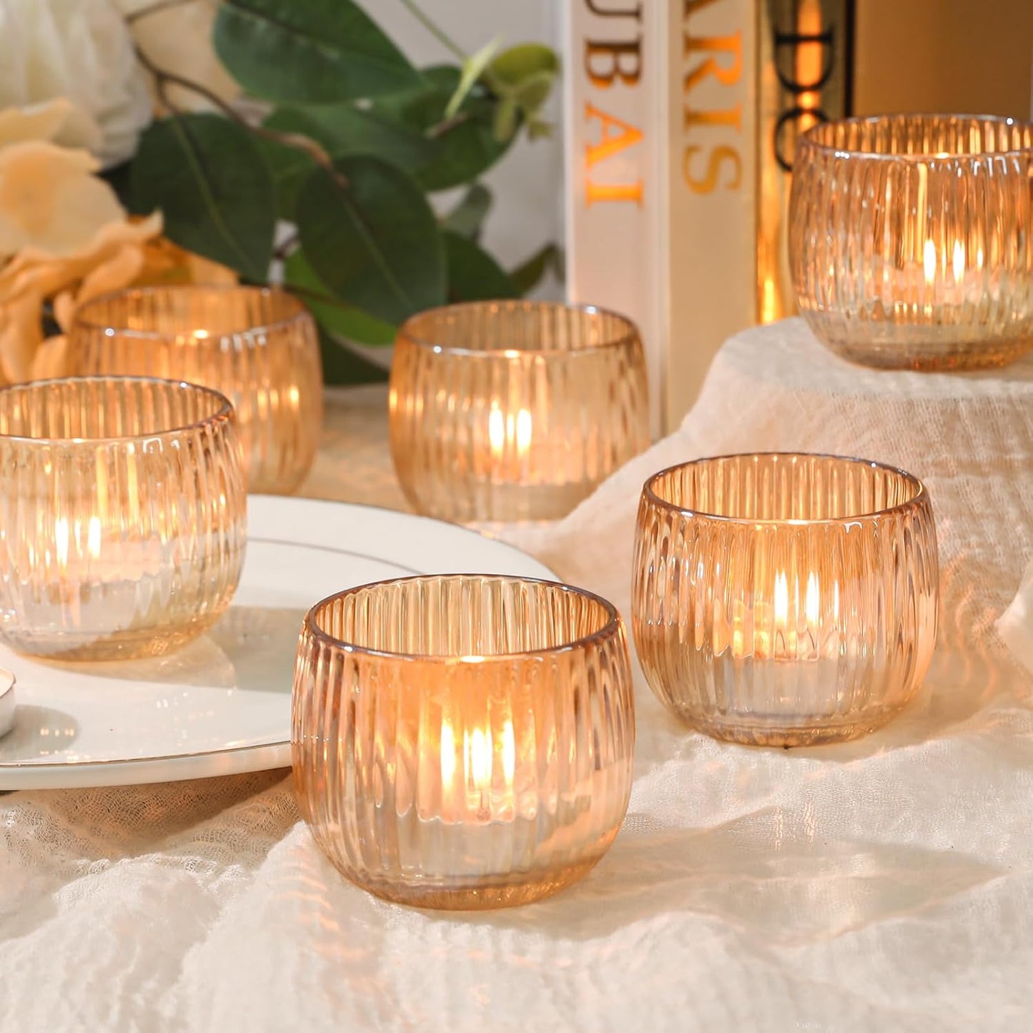 Set of 6 Ribbed Glass Votive Candle Holders, Gold Glass Tealight Holders for Taper Candles - Elegant Table Centerpieces for Weddings, Christmas, Parties, and Home Decor