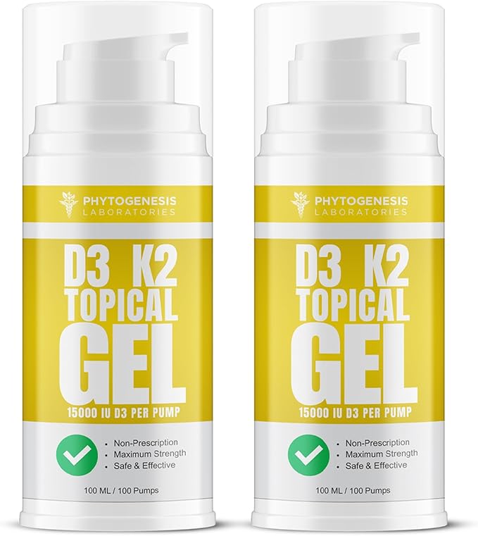 Vitamin D3 K2 Maximum Strength Topical Gel - 15000+ IU Per Pump - The Sunshine Vitamin - Supports Bone & Joint Health, Immune Support - One Month Supply