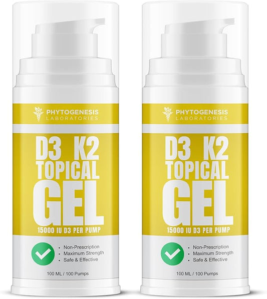 Vitamin D3 K2 Maximum Strength Topical Gel - 15000+ IU Per Pump - The Sunshine Vitamin - Supports Bone & Joint Health, Immune Support - One Month Supply