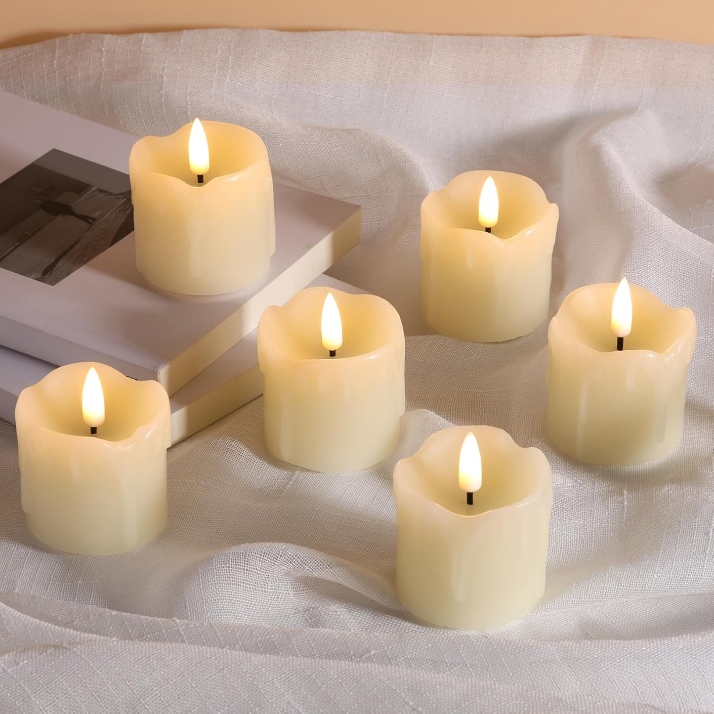 Eywamage Ivory Dripping Wax Flameless Votive Candles with Remote Batteries, 2x2 in Flickering Christmas LED Candles Set of 6