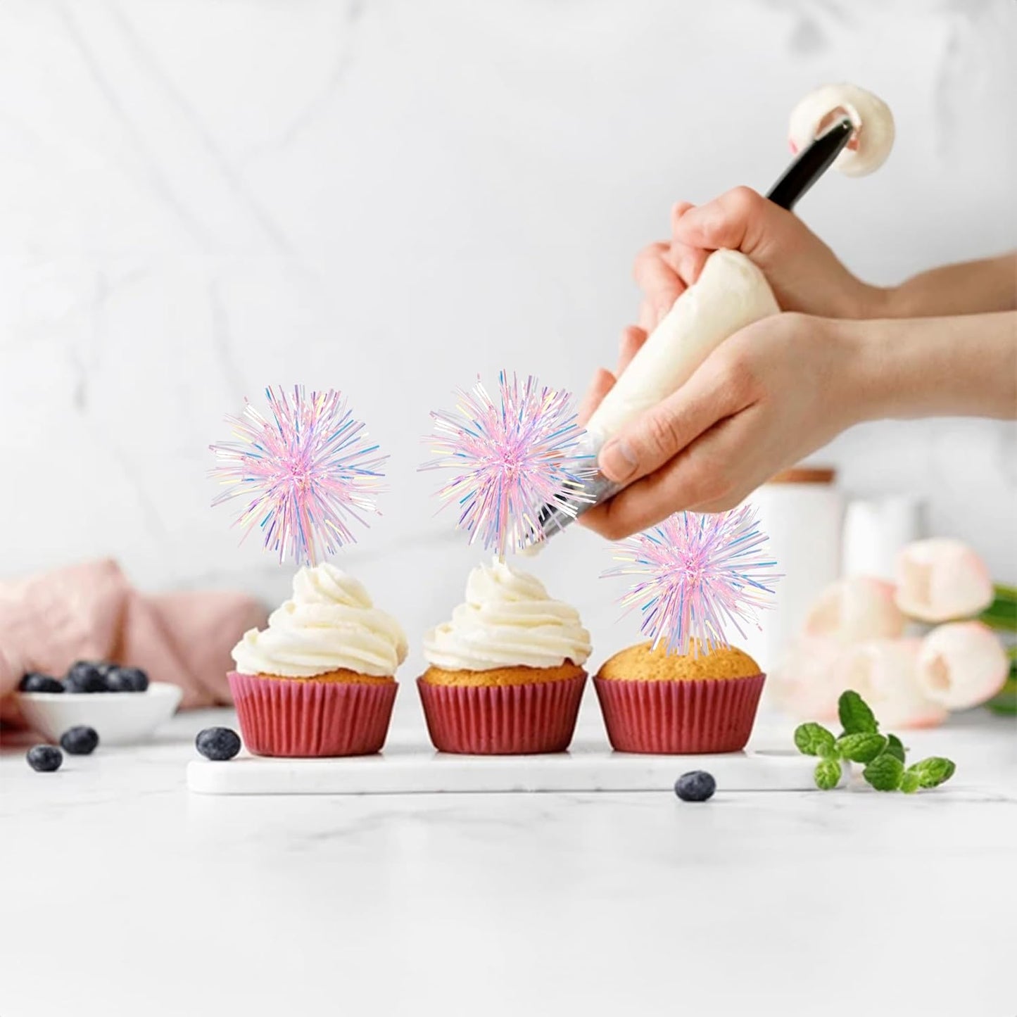 Gyufise 30Pcs Foil Firework Cupcake Toppers Sparkle Tinsel Cake Toppers Tinsel Drink Cake Decoration Cocktail Picks for Birthday Wedding Graduation Party Supplies Laser Pink