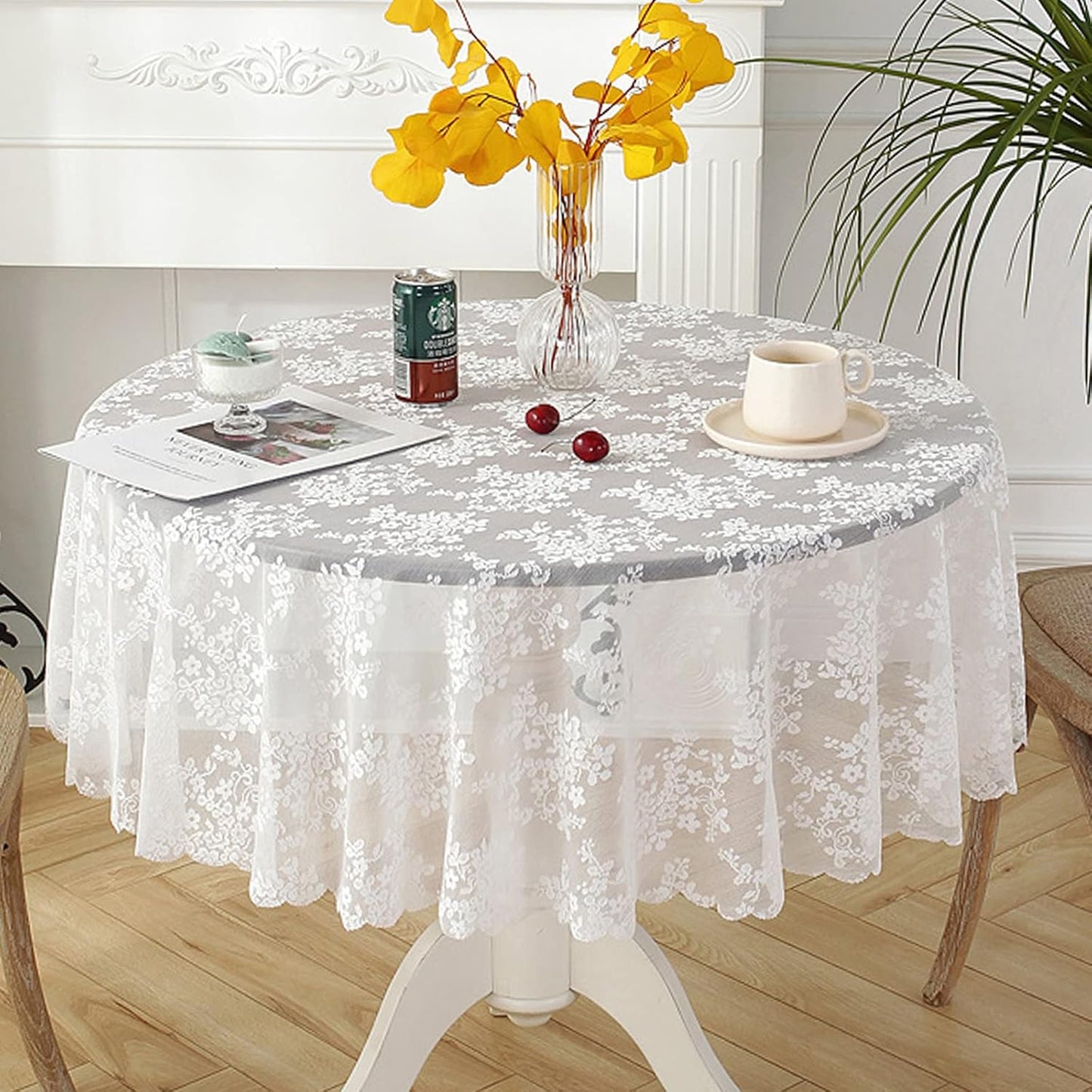 Jeloris Round Lace Tablecloth with Elegant Scalloped Bottom for Any Special Event Such as Wedding, Birthday Party, Baby Shower, Anniversary (48 inch, Style 1)
