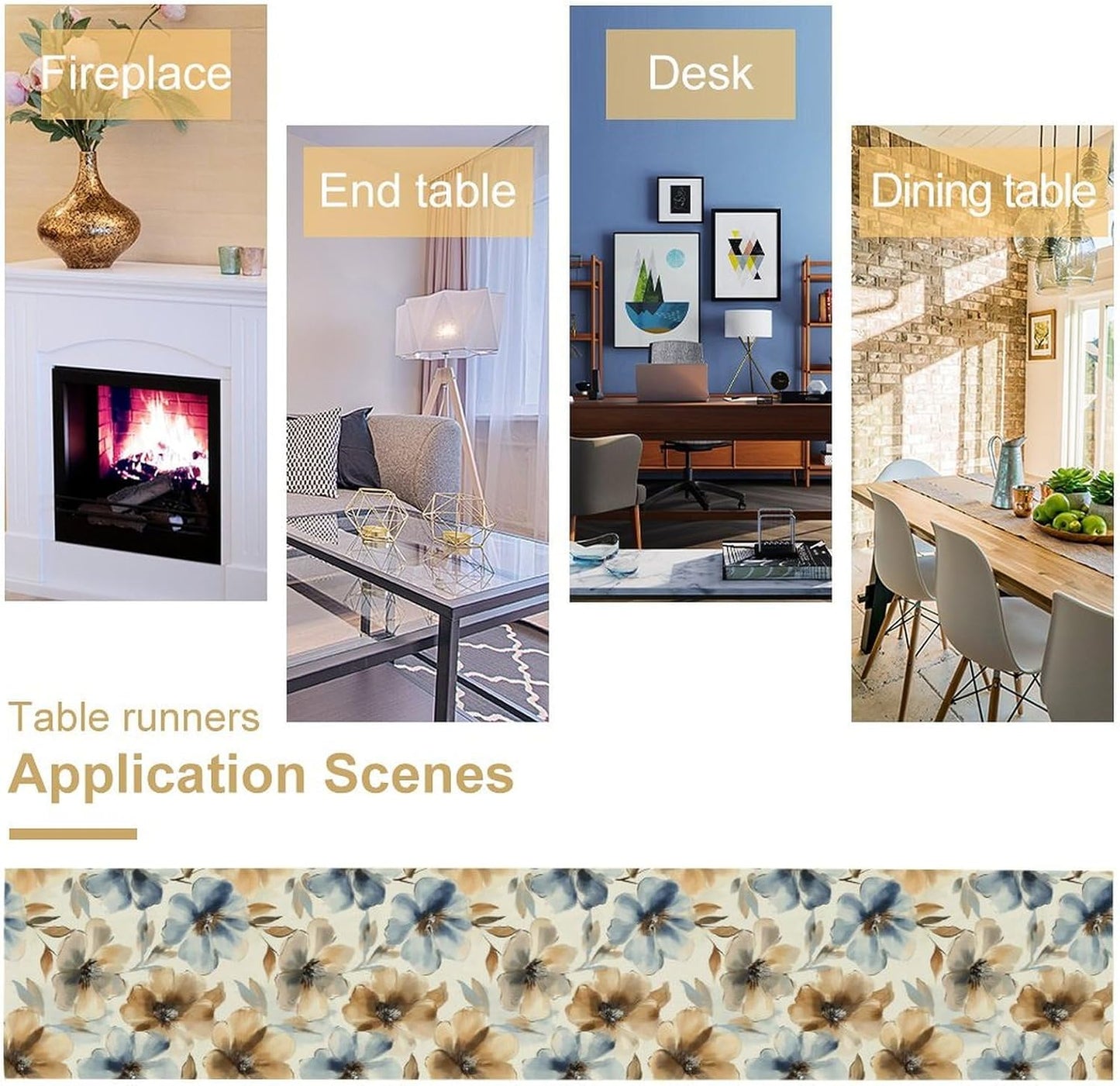 Poppy Floral Table Runner, Watercolor Brown Blue Flowers Blossom Summer Nature Table Runner for Kitchen Dinning Table Runner Decor Home Wedding Party Holiday, 13x108 Inch