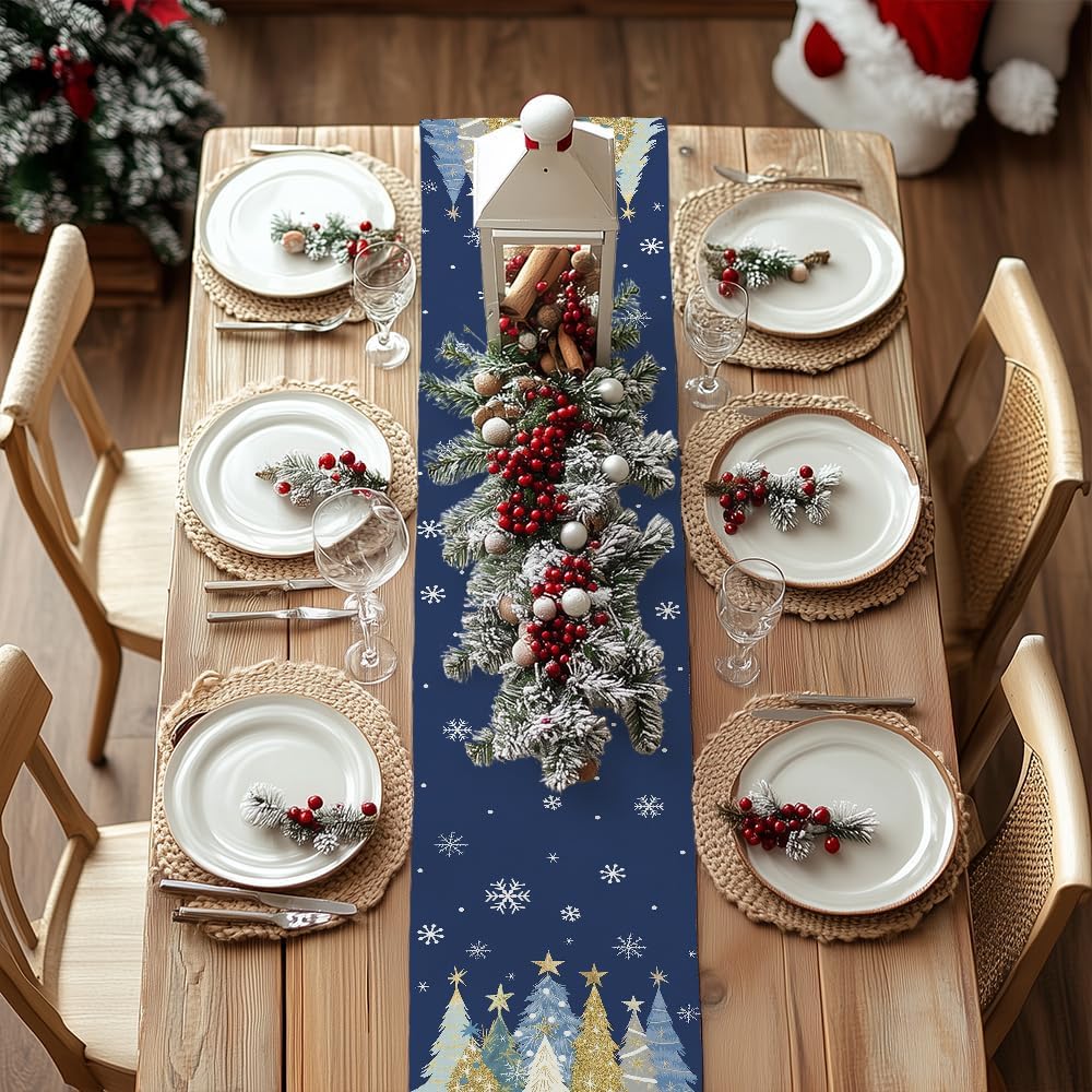 GEEORY Christmas Table Runner 13x60 Inch, Xmas Trees Snowflakes Holiday Decorative Farmhouse Table Decoration for Kitchen Dinning, Indoor Outdoor Dinner Party Decor (Blue) GT151-60