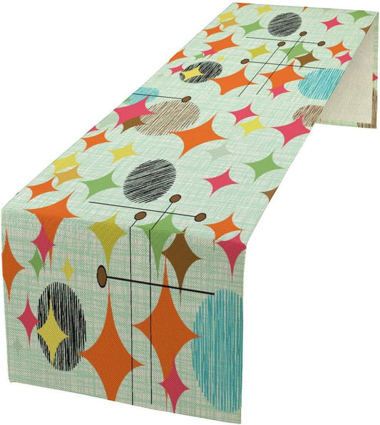 Mid Century Table Runner,Abstract Retro Modern Geometric Colorful Stripe Pattern Print Tablecloth Burlap for Hotel Indoors Outdoor Dining Room Kitchen Holiday Party, 13x60in