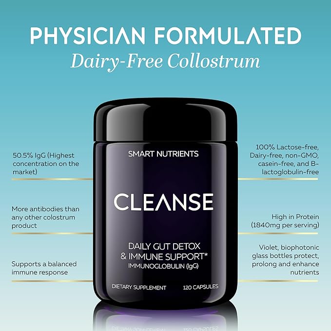 CLEANSE | IgG Dairy-Free Colostrum | 50.5% IgG Potent Concentrated Immune Support | Daily Gut Health Detox, Energy, Prebiotics, Digestive Support | 120 Capsules | 30 Day Supply, 1-Pack
