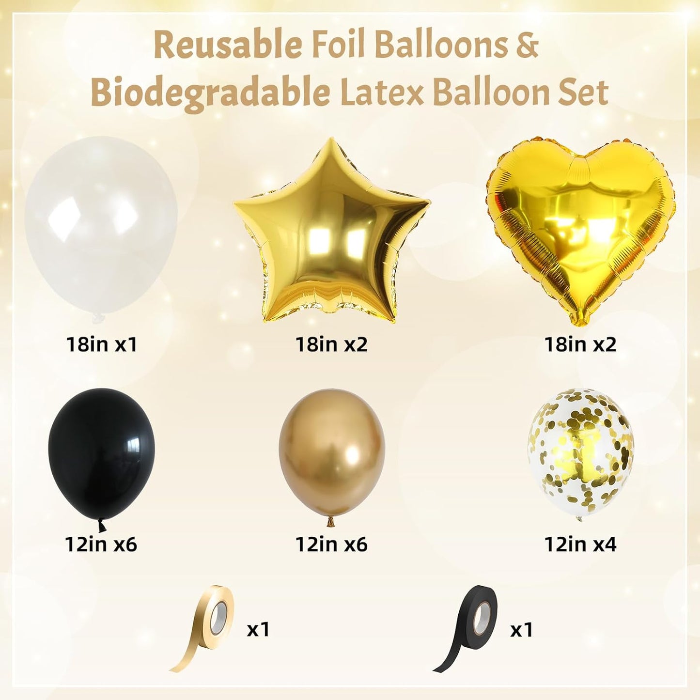 Black and Gold Balloons Heart Star Shape Foil Balloons for Birthday Party, Metallic Gold and Black Party Decoration 18 in Clear Confetti Heart Star Mylar Balloon as Graduation 2025 Prom Supplies Decor