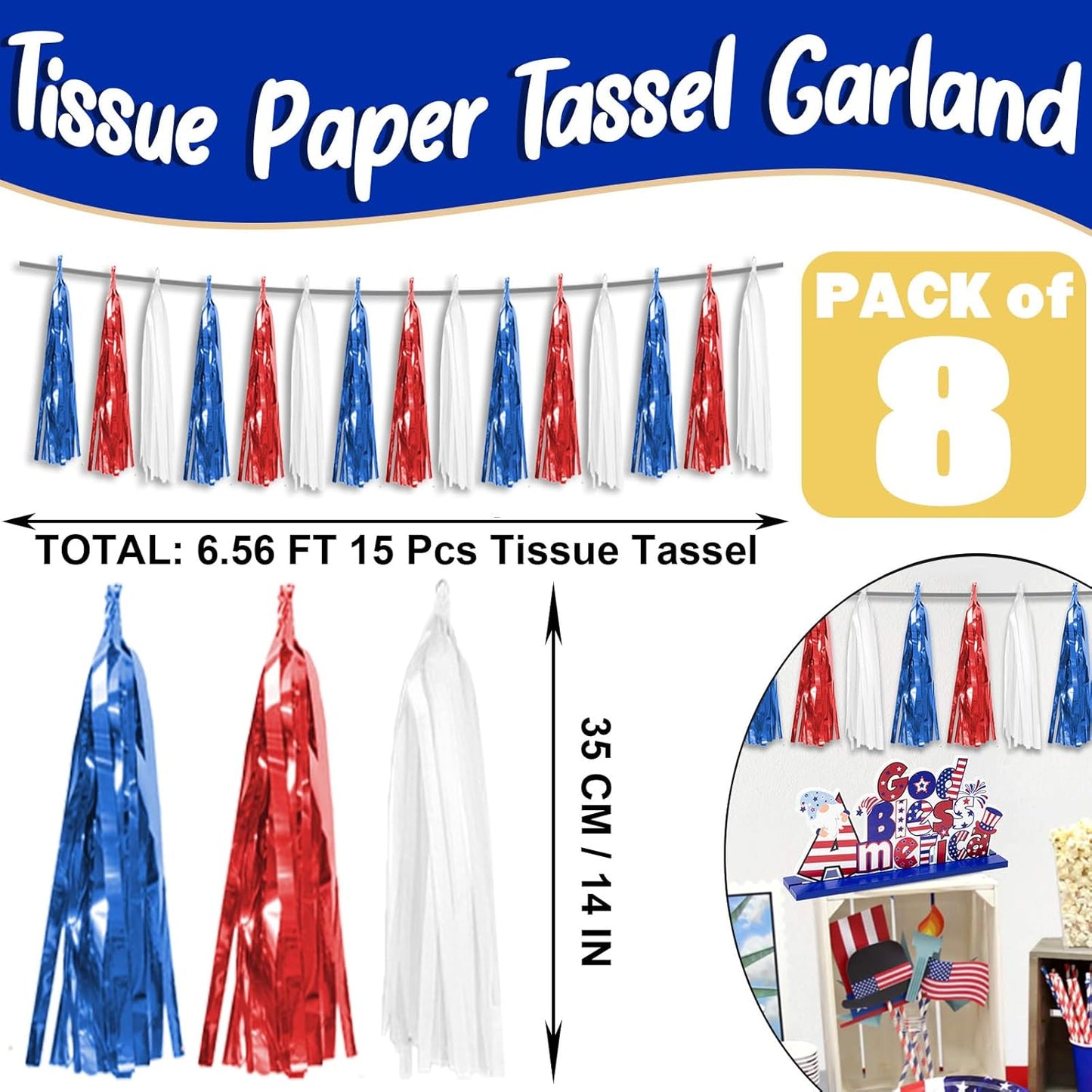 8P Red Blue White Foil Fringe Metallic Tassel Streamers Banner Tassel Garland for Parade Floats, Bachelorette, Wedding, Birthday, Halloween, Christmas, Bridal/Baby Shower Party Decorations