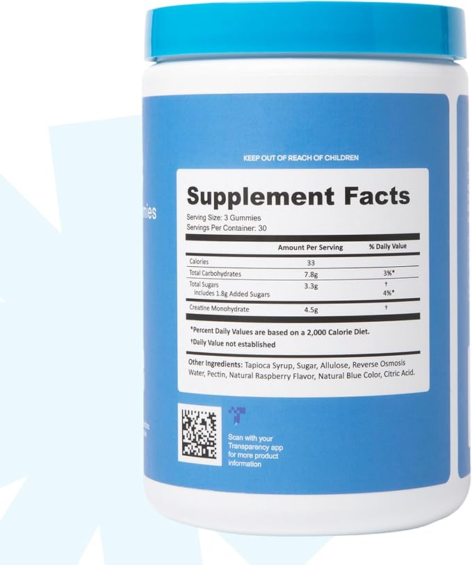 Create Creatine Monohydrate Gummies for Men & Women, Boost Focus, Strength, and Endurance, Anti-Melting Formula, Vegan, Gluten-Free, Non-GMO, 1.5g of Creatine per Gummy (Blue Raspberry, 90 ct)