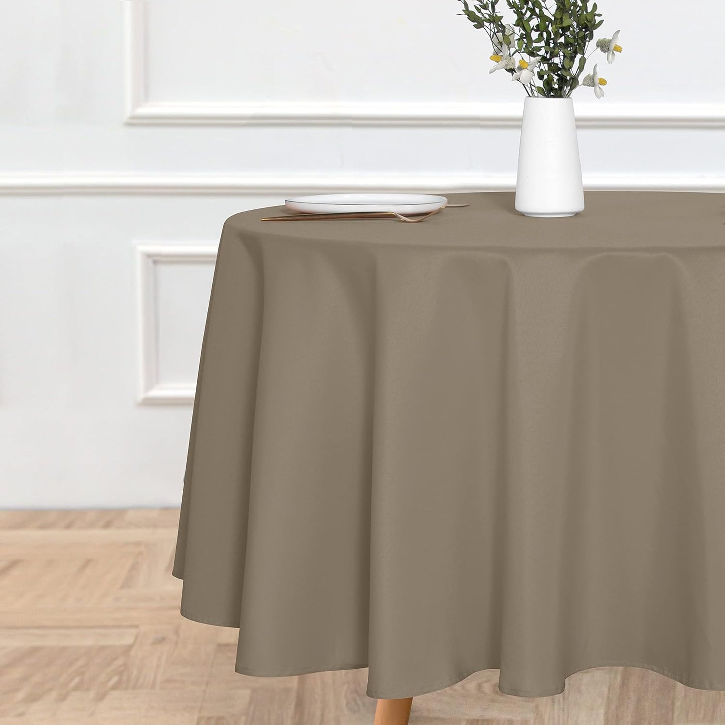 sancua Round Tablecloth - 90 Inch - Water Resistant Spill Proof Washable Polyester Table Cloth Decorative Fabric Table Cover for Dining Tables, Buffet Parties and Camping, Taupe