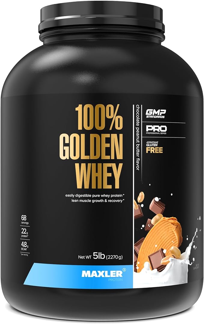 Maxler 100% Golden Whey Protein - 22g Protein per Serving - Premium Whey Protein Powder for Pre Post Workout - Fast-Absorbing Whey Concentrate Isolate Hydrolysate Blend - Chocolate Peanut Butter 5 lb
