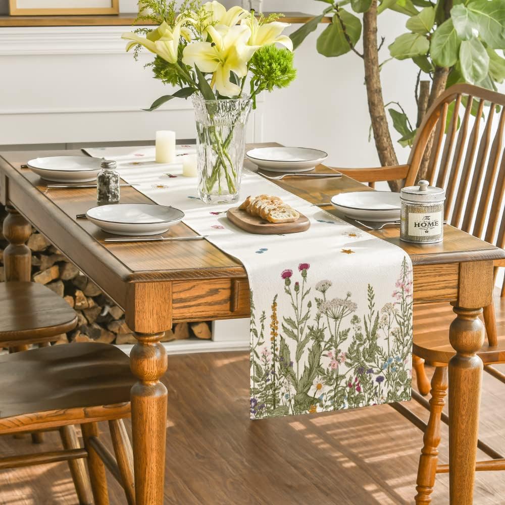 Artoid Mode Antique Herbs and Wild Flowers Summer Table Runner, Spring Fall Kitchen Dining Table Decoration for Home Party 13x72 Inch