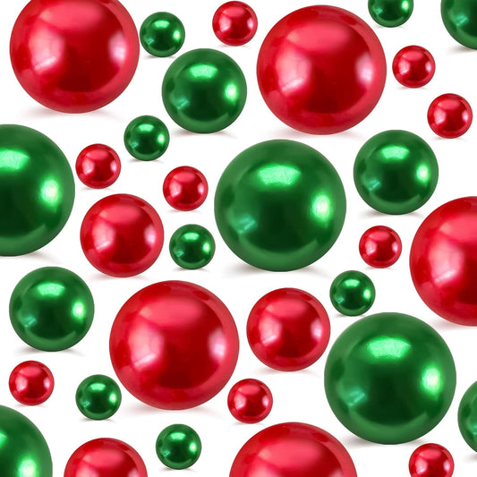 260Pcs Red&Green Glossy Beads for Centerpiece Decor, Artifical Pearls Vase Filler, No Hole Round Pearl Beads for Wedding Birthday Christmas Party Home Decor(18mm 14mm 6mm)