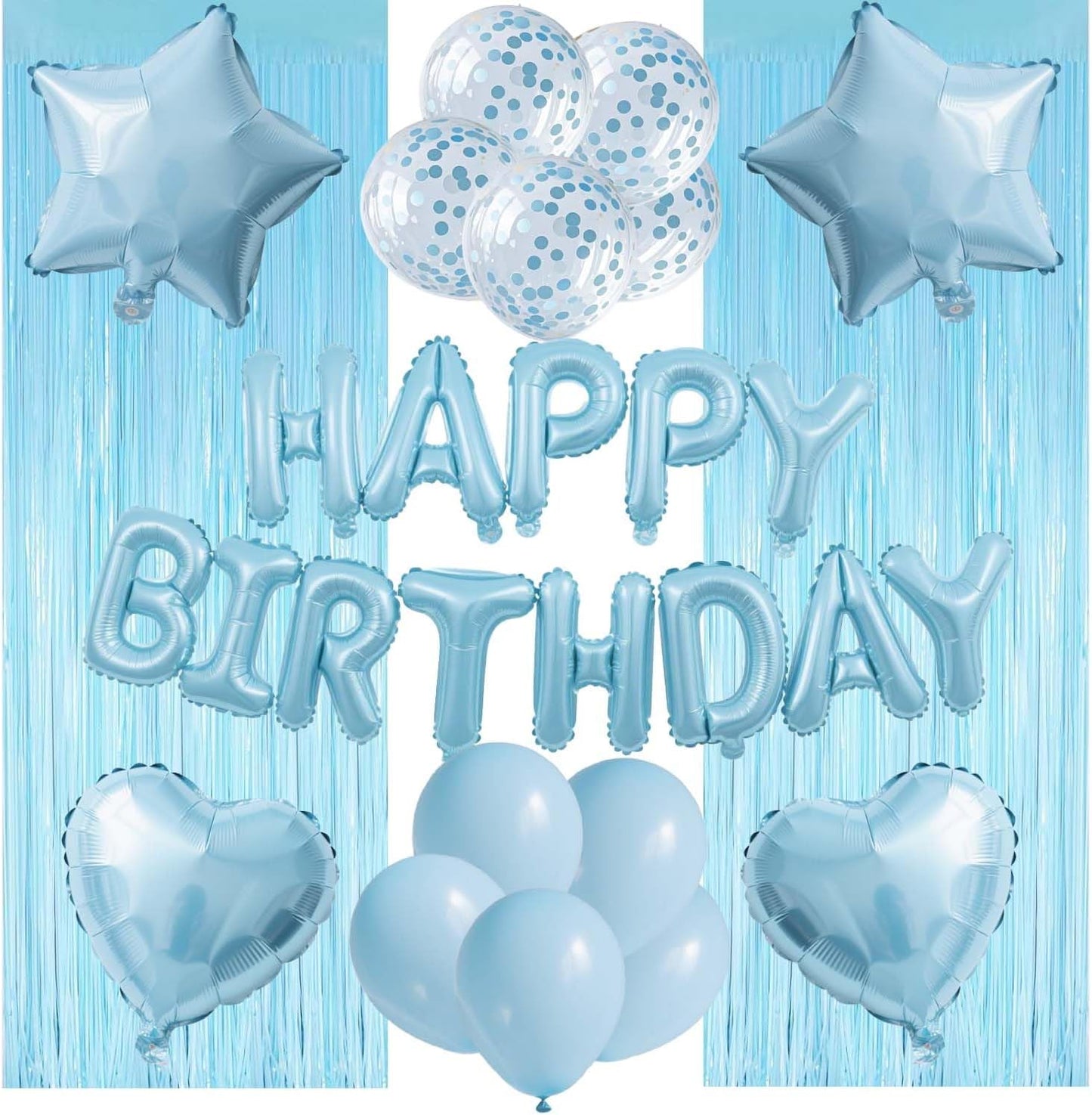 29 Pcs Light Blue Birthday Party Decorations - Happy Birthday Balloons Banner Blue, Heart & Star Foil Balloons, Confetti & Latex Balloons, Foil Fringe Curtains Party Supplies for Girls Boys