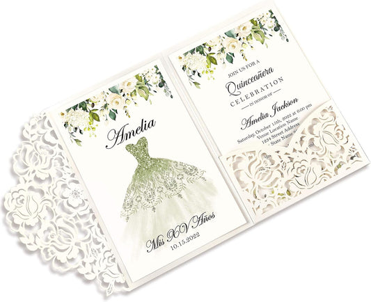 DORIS HOME 50pcs Laser Cut Quinceanera Invitations Green and Ivory White, 4.7x7.1 Personalized Quince Invitations for 15th Birthday, Invitation cards for Sweet 16 with Envelopes