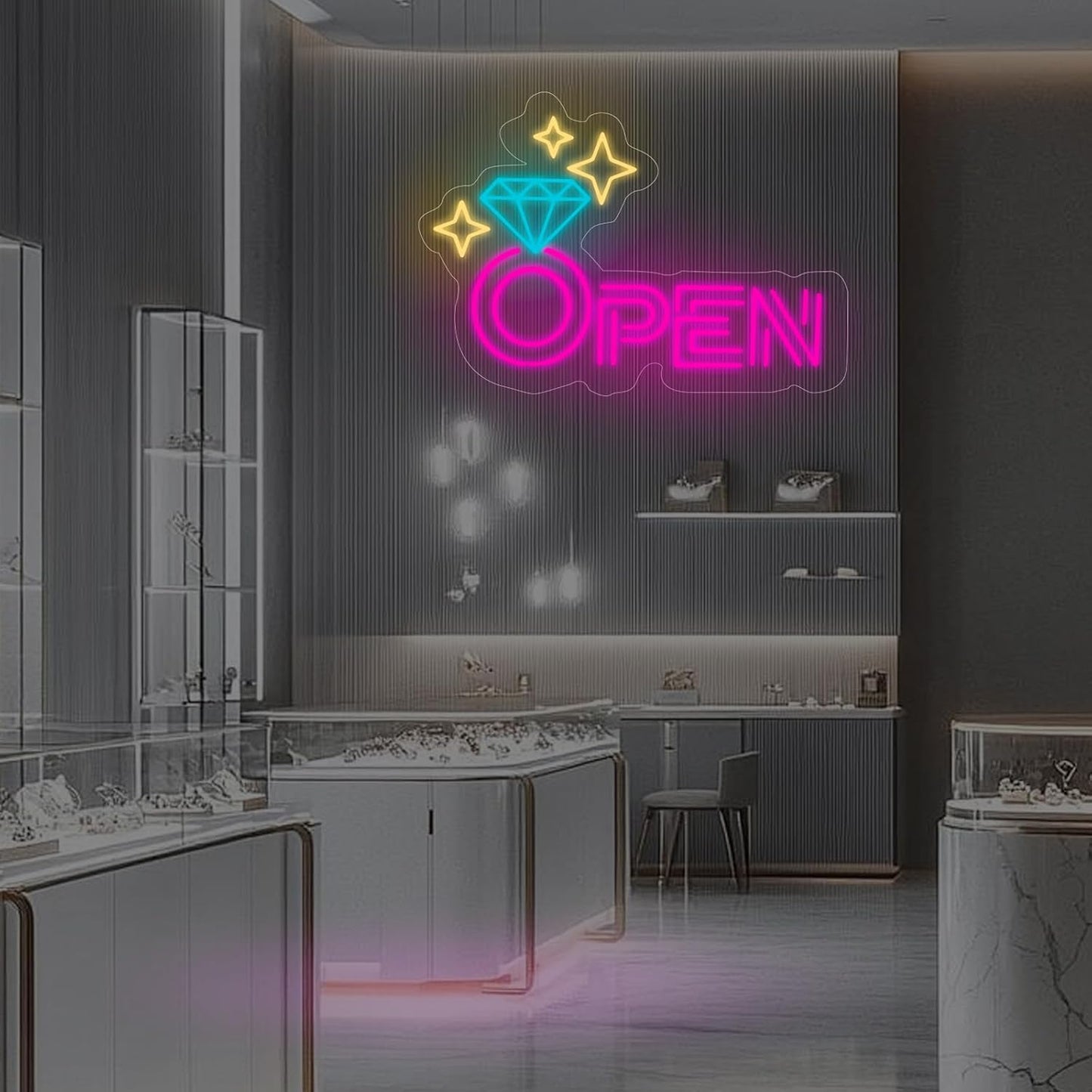 Diamond Open Indoor Neon Sign For Jewelry Store Custom Led Neon Sign Business Decor Store Decor Diamond LED Light Wall Art Decoration, 16.5"x11", Pink
