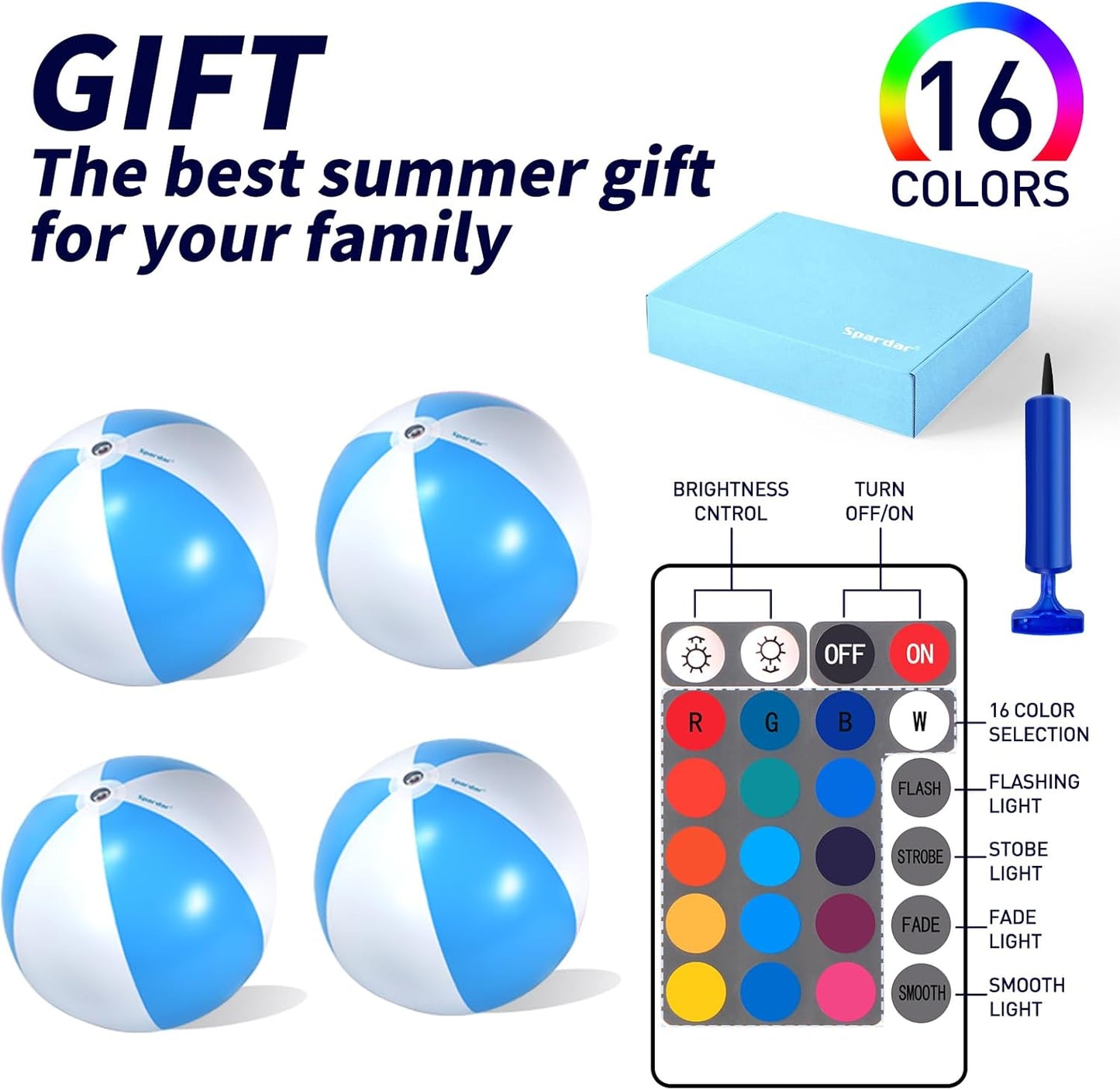 Spardar LED Beach Balls, 4 Pack 16 Inch Light up Beach Balls with Remote Control, Balloon Pump, 16 Colors Lights and 4 Light Modes Pool Toy for Pool Garden Decorations（4 Blue）
