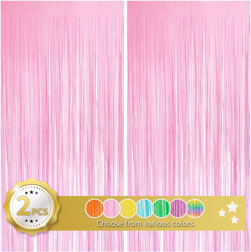 BEISHIDA 2 Pack Pink Tinsel Foil Fringe Curtains Light Macaron Metallic Curtain Photo Backdrop for Wedding Party Birthday Stage Bridal Shower Decor(3.28 ft x 6.56 ft)
