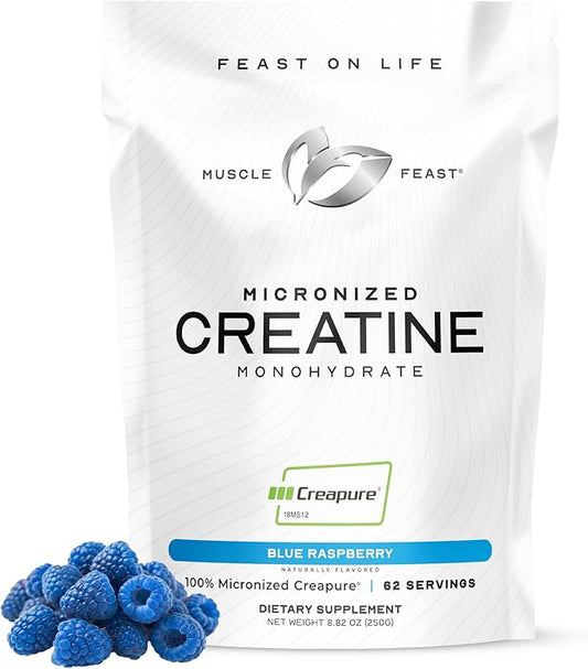 Muscle Feast Creapure - Micronized Creatine Monohydrate Powder | Premium Pre-Workout or Post-Workout | Creatine for Women & Men | Easy to Mix, Gluten-Free, Safe and Pure, (Blue Raspberry, 250g)