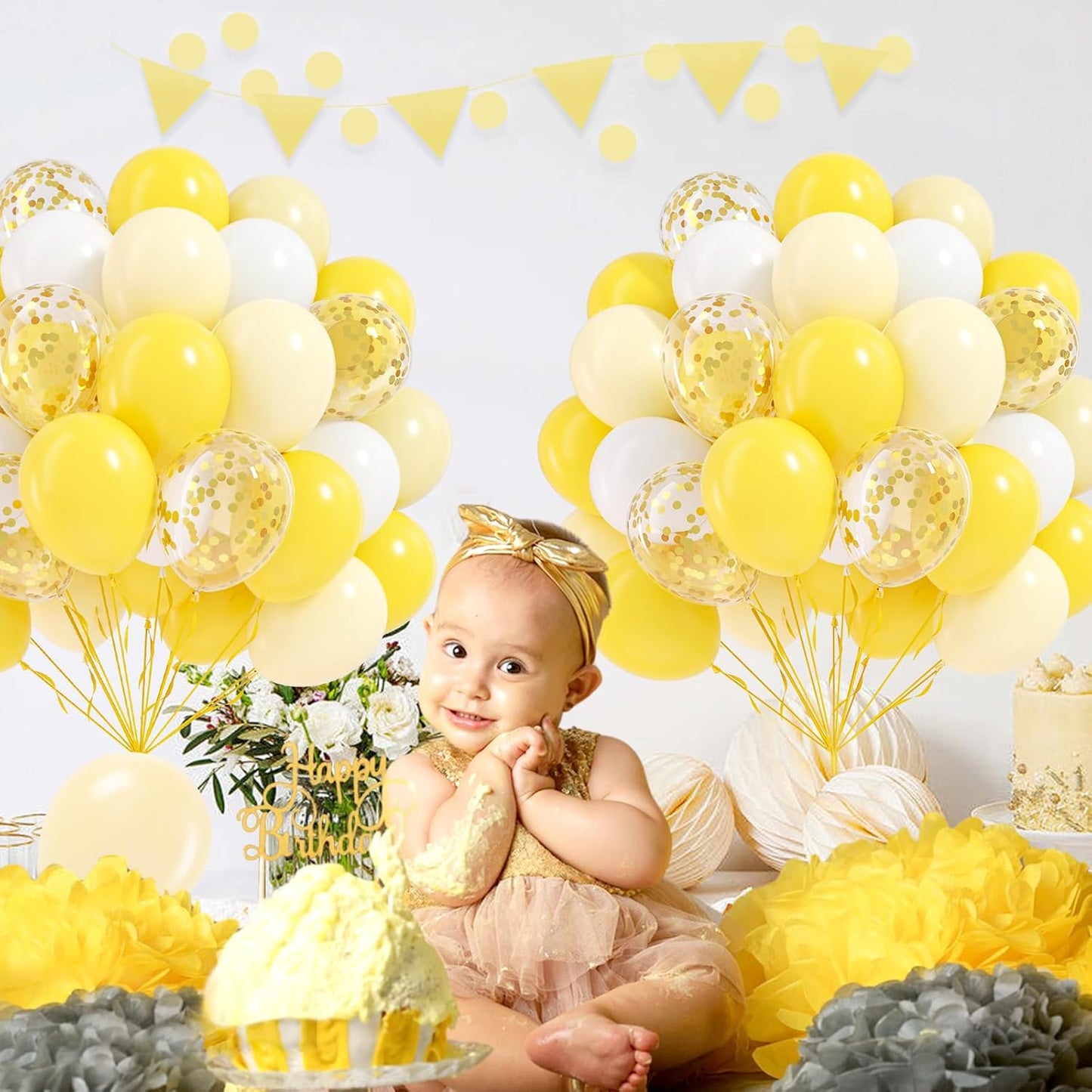60pcs Yellow and White Balloons 12inch with Pastel Yellow White Gold Confetti Balloons for Bee Lemon Wedding Baby Shower Birthday Party Decorations
