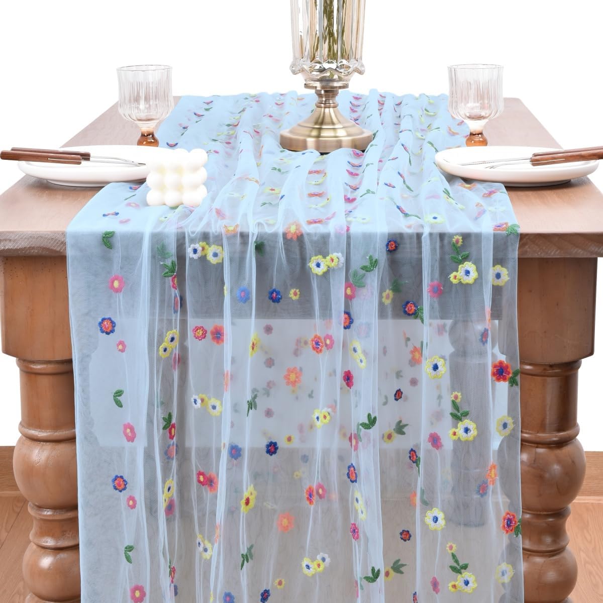 Joanlody 3pcs Blue Embroidery Daisy Fall Thanksgiving Table Runner Florals Seasonal Tulle Table Runner Holiday Kitchen Dining Table Decoration Wedding Party