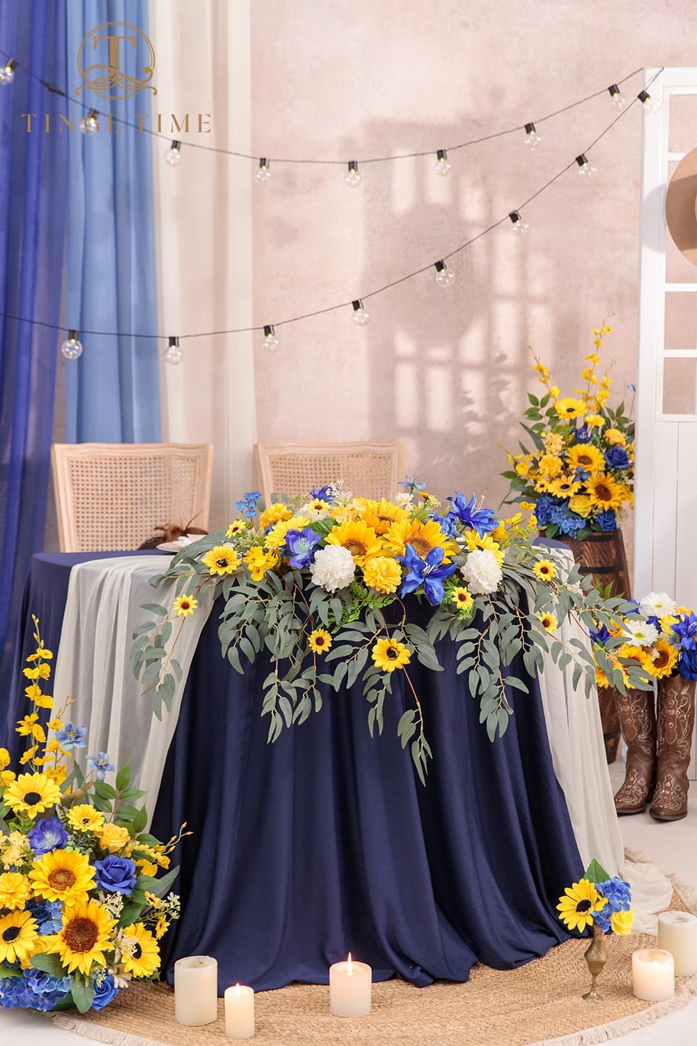 TINGE TIME Artificial Sweetheart Flower Swag with Tablecloth and Table Runner, Pack of 3 Floral Arrangement for Wedding Sweetheart Table Centerpiece Decoration Valentine's Day (Sunflower&RoyalBlue)